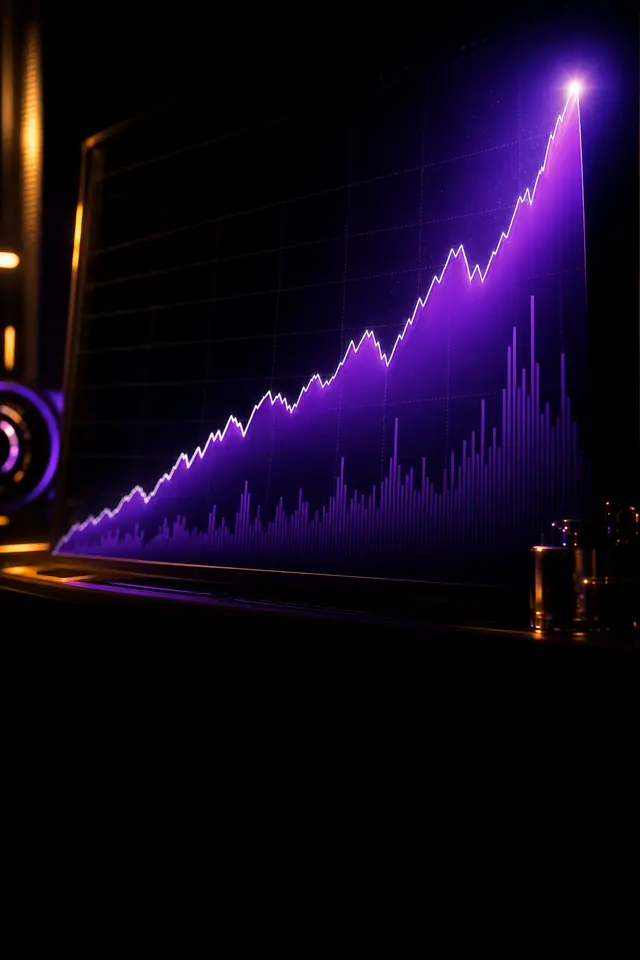 A steep white growth line climbing over a glowing violet area fill and volume bars, on a dark grid.