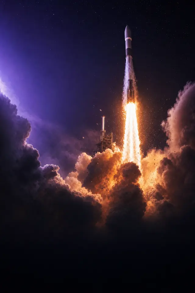 A rocket lifting off at night, engines throwing a brilliant orange plume into billowing smoke lit from within.