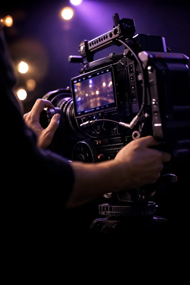 Hands operating a professional cinema camera in a dark studio, its flip-out monitor glowing against warm background bokeh.