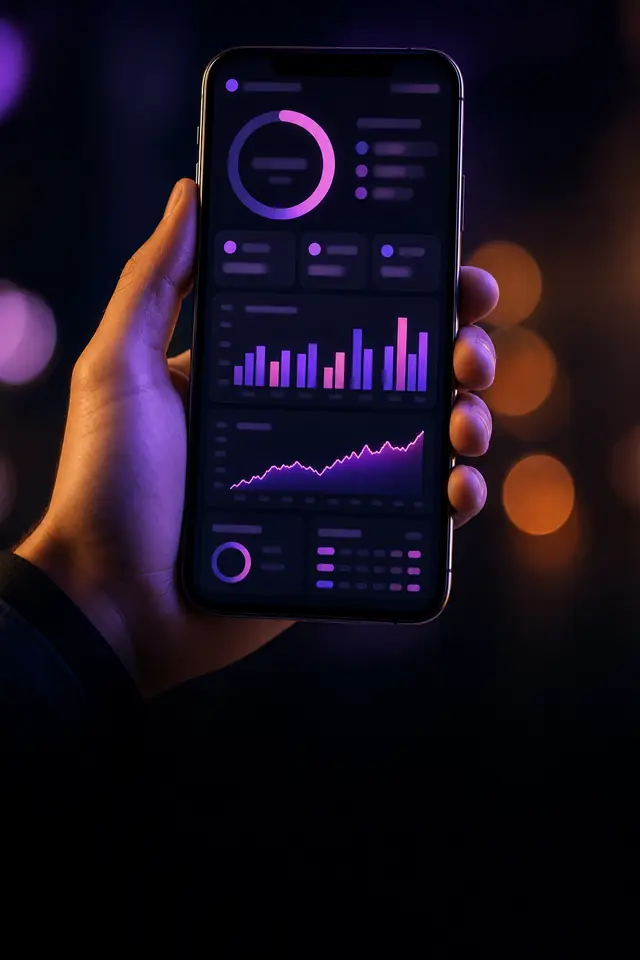 A hand holding a phone whose screen shows a glowing violet analytics dashboard of rings and bars, lighting the fingers.