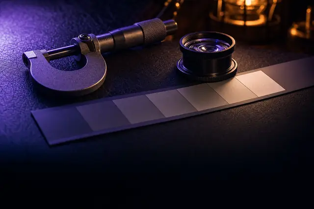 A dark desk surface with a calibration tool, a loupe and a strip of neutral grey swatches under violet light.