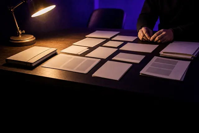 A dark planning room with index cards and printed sheets spread across a table under a single low lamp.